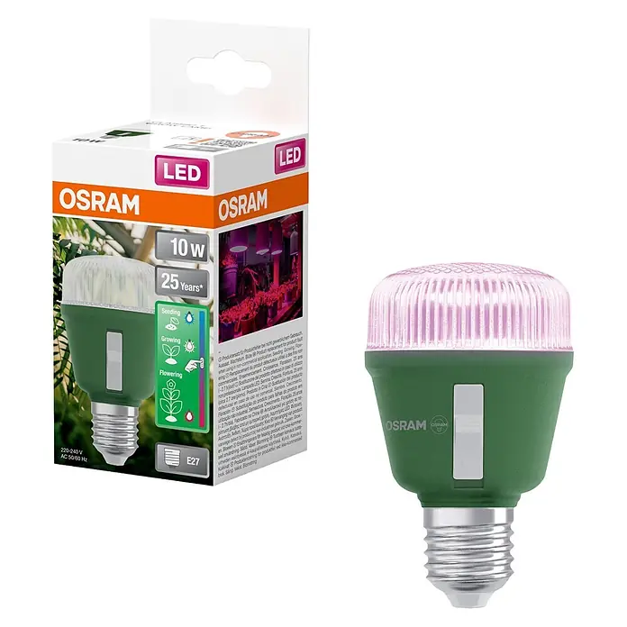 Ledvance Bombillas LED Star Grow - E27, No regulable, Multicolor, 330 lm, 10 W - Bombilla LED verde OSRAM para crecimiento de plantas, 10W, base E27, con luz rosa. El embalaje blanco muestra las etapas de crecimiento.