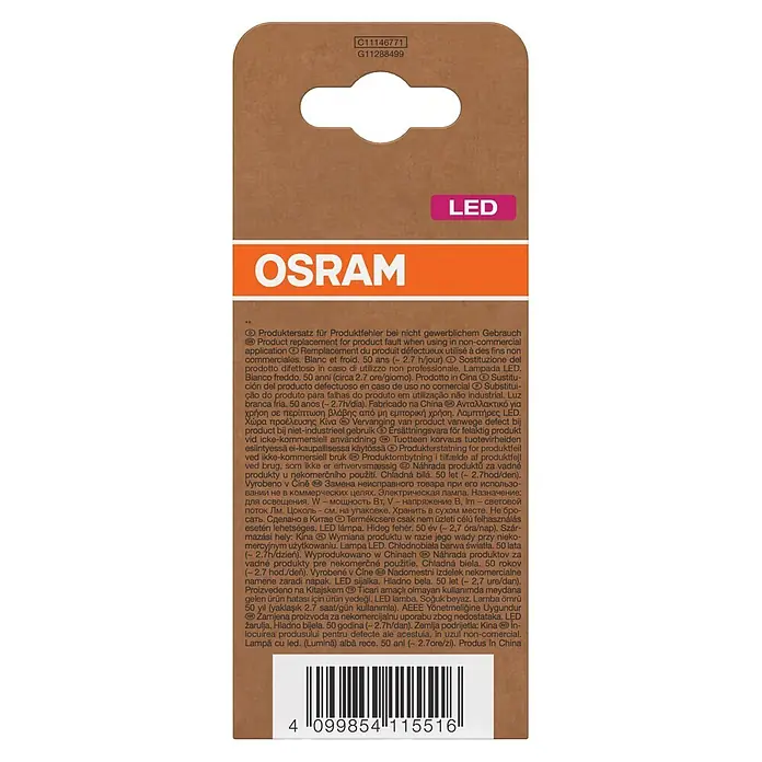 Osram Bombillas LED - E27, No regulable, Blanco neutro, 1.521 lm, 7,2 W - Embalaje bombilla LED OSRAM, cartón marrón con bandas naranja/rosa, texto blanco y código de barras.