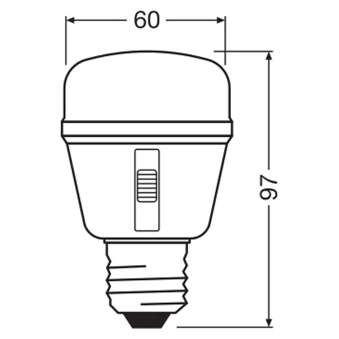 Ledvance Bombillas LED Star Grow - E27, No regulable, Multicolor, 330 lm, 10 W - Dibujo técnico de una bombilla con casquillo de rosca Edison, dimensiones 60mm diámetro x 97mm largo.