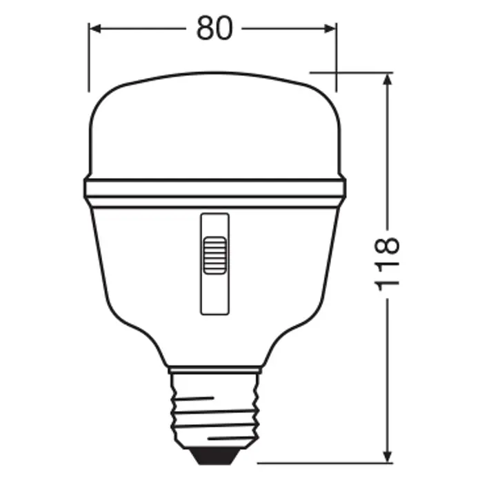 Ledvance Bombillas LED Star Grow - E27, No regulable, Multicolor, 650 lm, 20 W - Dibujo técnico de una bombilla con casquillo de rosca E27, mostrando dimensiones: 80mm ancho, 118mm alto.
