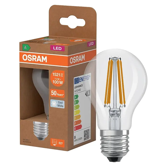Osram Bombillas LED - E27, No regulable, Blanco neutro, 1.521 lm, 7,2 W - Una bombilla LED OSRAM de cristal transparente con filamentos visibles y casquillo E27, junto a su embalaje de cartón marrón.