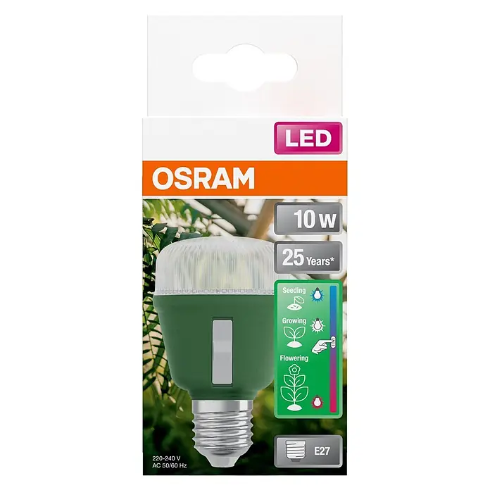 Ledvance Bombillas LED Star Grow - E27, No regulable, Multicolor, 330 lm, 10 W - Lámpara de cultivo LED OSRAM con base verde y parte superior estriada transparente, casquillo E27, para fases de crecimiento vegetal.