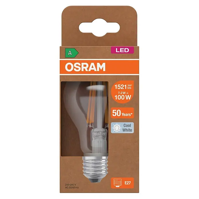 Osram Bombillas LED - E27, No regulable, Blanco neutro, 1.521 lm, 7,2 W - Embalaje de cartón marrón para bombilla LED OSRAM. Muestra clase energética A, 1521 lm, 7,2W (equiv. 100W), casquillo E27, Blanco Frío.