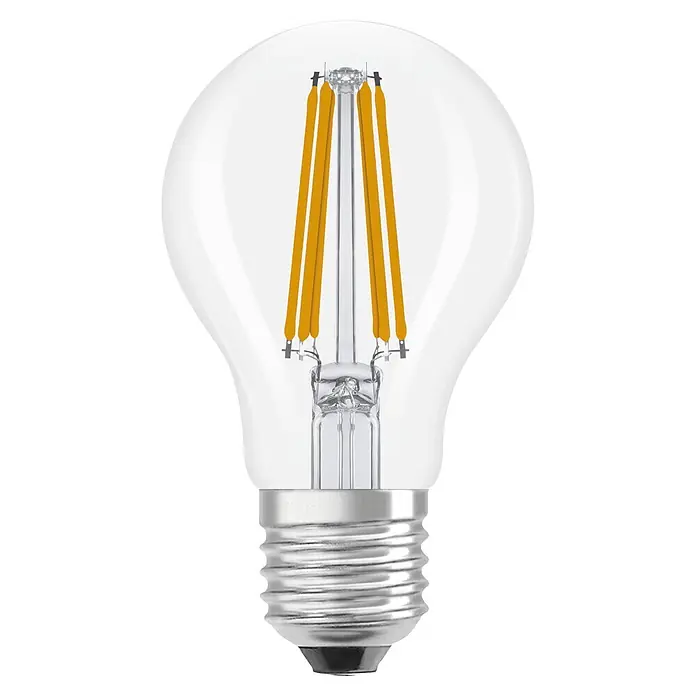 Osram Bombillas LED - E27, No regulable, Blanco neutro, 1.521 lm, 7,2 W - Bombilla LED clara con filamentos amarillos visibles y base de rosca plateada.