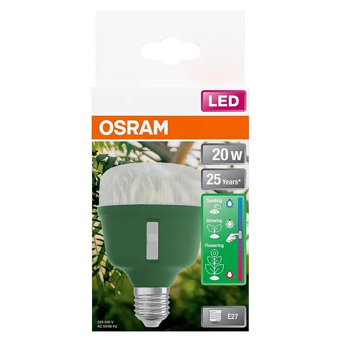 Ledvance Bombillas LED Star Grow - E27, No regulable, Multicolor, 650 lm, 20 W - Una bombilla LED de cultivo Osram verde y blanca con base E27.