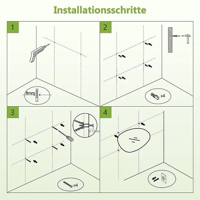 S'AFIELINA Wandspiegel Forma Pure - 85 x 50 cm - Installationsanleitung in 4 Schritten: 8mm Löcher bohren, 4 Dübel einsetzen, 4 Schrauben eindrehen und Produkt aufhängen.