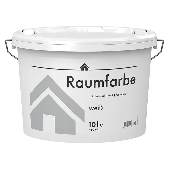 Wandfarbe Raumfarbe - Weiß, Matt, 10 l - Weißer Farbeimer "Raumfarbe" für den Innenbereich, matt und gut deckend, mit einem Fassungsvermögen von 10 Litern für ca. 60 m².