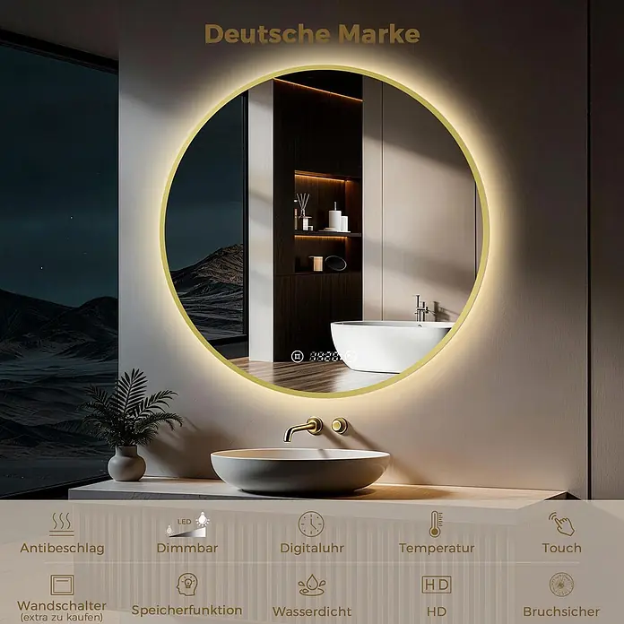 S'AFIELINA Lichtspiegel Luna Plus - 60 x 60 cm, Leuchtmittel - Runder, goldgerahmter LED-Badezimmerspiegel mit Digitaluhr und Temperaturanzeige über modernem Waschbecken.