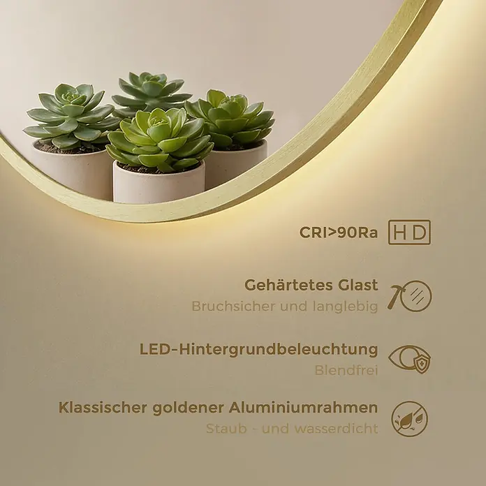 S'AFIELINA Lichtspiegel Luna Plus - 60 x 60 cm, Leuchtmittel - Goldener Aluminiumspiegel mit LED-Hintergrundbeleuchtung, in dem Pflanzen reflektiert werden.