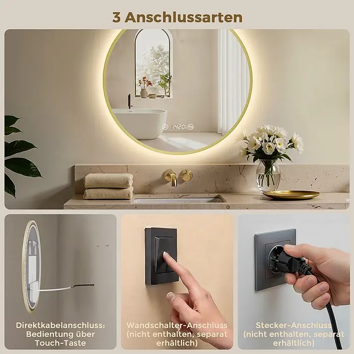S'AFIELINA Lichtspiegel Luna Plus - 60 x 60 cm, Leuchtmittel - Runder LED-Spiegel mit Goldrahmen im Bad, zeigt drei Anschlussarten: Direkt, Wandschalter oder Stecker.