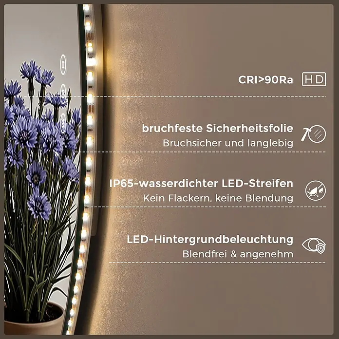 LED Badspiegel dreieckig 60 x 70 cm, 3 Lichtfarben, dimmbar, Memory -  - Beleuchteter Spiegel mit bruchfester Sicherheitsfolie und IP65 wasserdichtem LED-Streifen, für blendfreie, angenehme Hintergrundbeleuchtung.