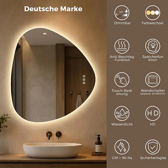 LED Badspiegel dreieckig 60 x 70 cm, 3 Lichtfarben, dimmbar, Memory -  - Unregelmäßiger LED-Badspiegel über einem Waschbecken, dimmbar, farbwechselnd und beschlagfrei mit Touch-Bedienung.