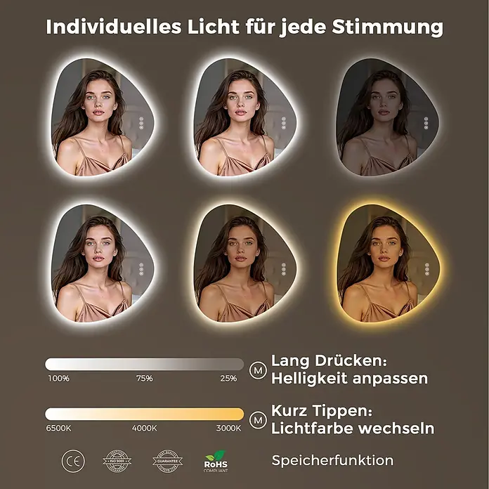 LED Badspiegel dreieckig 60 x 70 cm, 3 Lichtfarben, dimmbar, Memory -  - Ein beleuchteter Spiegel mit Frauengesicht, der einstellbares LED-Licht für Helligkeit und Farbtemperatur zeigt, von Kaltweiß bis Warm.