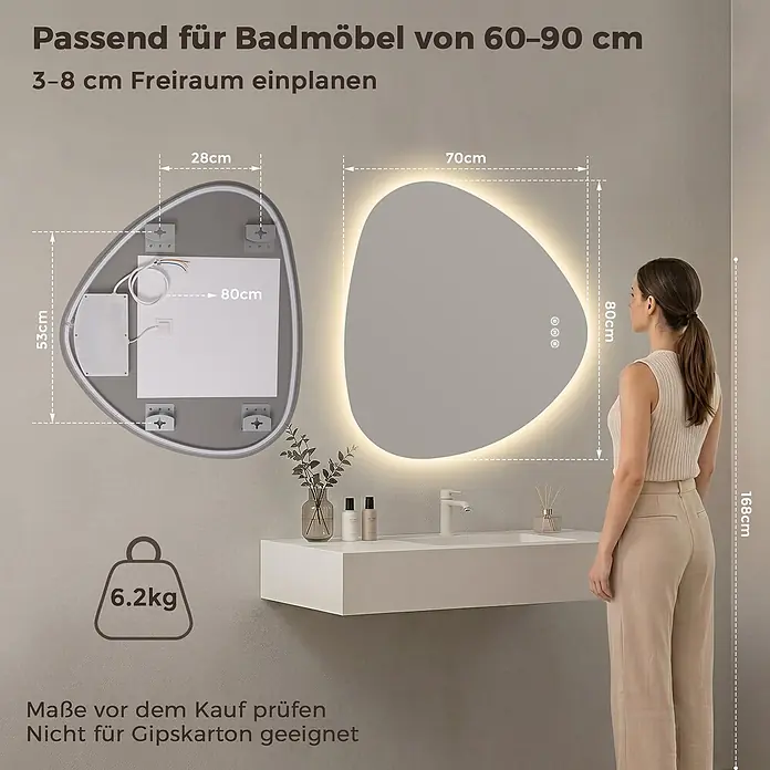 LED Badspiegel dreieckig 70 x 80 cm, 3 Lichtfarben, dimmbar, Memory -  - Asymmetrischer LED-Badspiegel (70x80cm) mit Hintergrundbeleuchtung und Touch-Steuerung, über einem Waschtisch mit Maßen, 6.2kg Gewicht und Person.