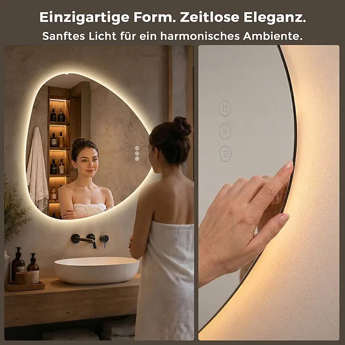 LED Badspiegel dreieckig 60 x 70 cm, 3 Lichtfarben, dimmbar, Memory -  - Eleganter, einzigartig geformter LED-Badspiegel mit integrierten Touch-Bedienelementen für Licht und Antibeschlag.