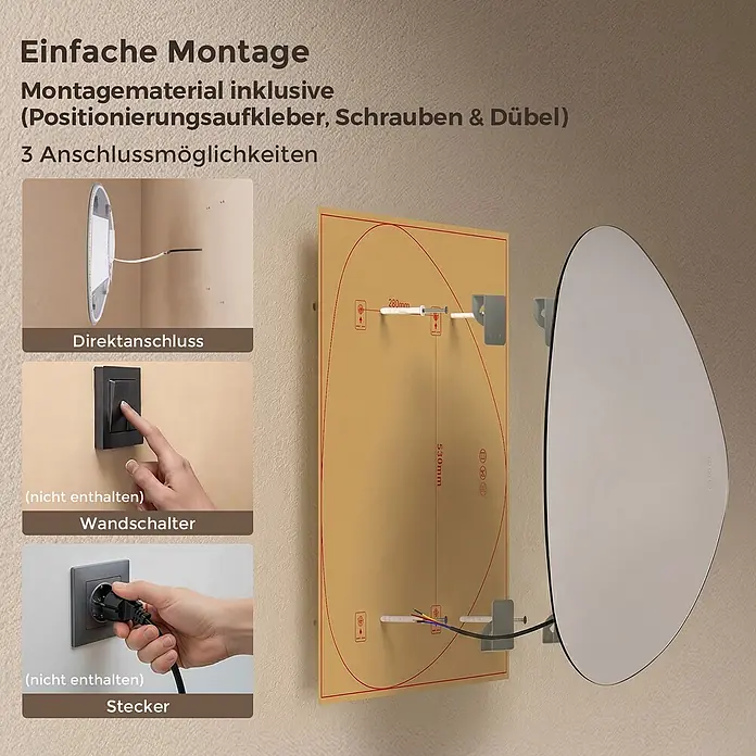 LED Badspiegel dreieckig 60 x 70 cm, 3 Lichtfarben, dimmbar, Memory -  - Installationsanleitung für ovalen Spiegel: Montage mit Schablone, Schrauben, 3 Anschlussmöglichkeiten (Direkt, Wandschalter, Stecker).