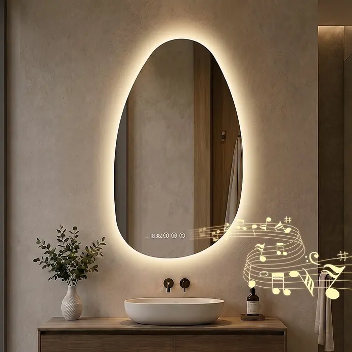 LED Badspiegel 85 x 50 cm, asymmetrisch, 3 Lichtfarben, dimmbar, Bluetooth -  - Unregelmäßiger LED-Badspiegel mit Digitalanzeige und integriertem Sound, über modernem Waschbecken montiert.
