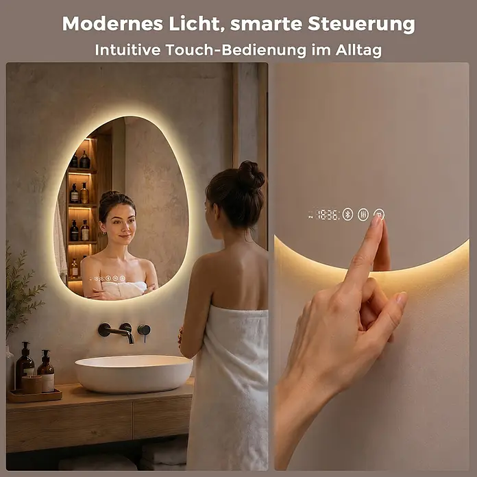 LED Badspiegel 85 x 50 cm, asymmetrisch, 3 Lichtfarben, dimmbar, Bluetooth -  - Ein beleuchteter smarter Badezimmerspiegel in organischer Form, mit Uhrzeit und Touch-Bedienelementen für Bluetooth und Entfeuchtung, von einer Frau genutzt.