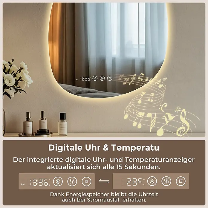 LED Badspiegel 85 x 50 cm, asymmetrisch, 3 Lichtfarben, dimmbar, Bluetooth -  - Runder LED-Spiegel mit integrierter Digitaluhr, Temperaturanzeige und Smart-Funktionen wie Bluetooth und Antibeschlag.