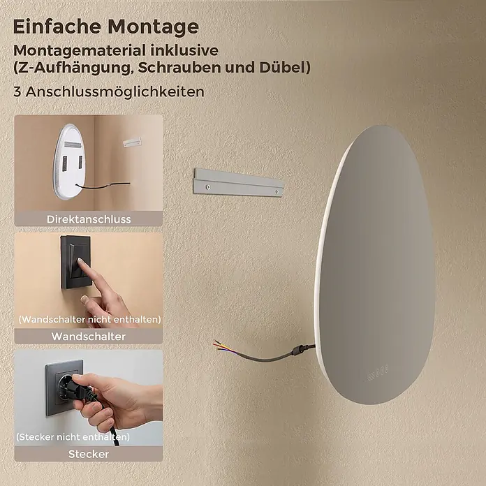 LED Badspiegel 85 x 50 cm, asymmetrisch, 3 Lichtfarben, dimmbar, Bluetooth -  - Ovaler Heizspiegel mit Montagematerial und drei Anschlussmöglichkeiten: Direktanschluss, Wandschalter oder Stecker.