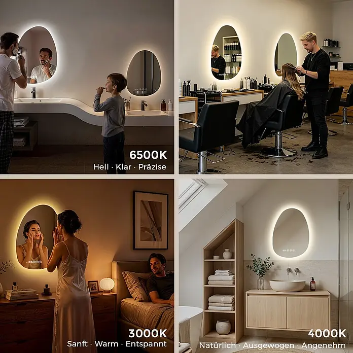 LED Badspiegel 85 x 50 cm, asymmetrisch, 3 Lichtfarben, dimmbar, Bluetooth -  - Ovale LED-Spiegel zeigt drei Lichttemperaturen (6500K, 4000K, 3000K) für verschiedene Stimmungen und Anwendungen in verschiedenen Räumen.