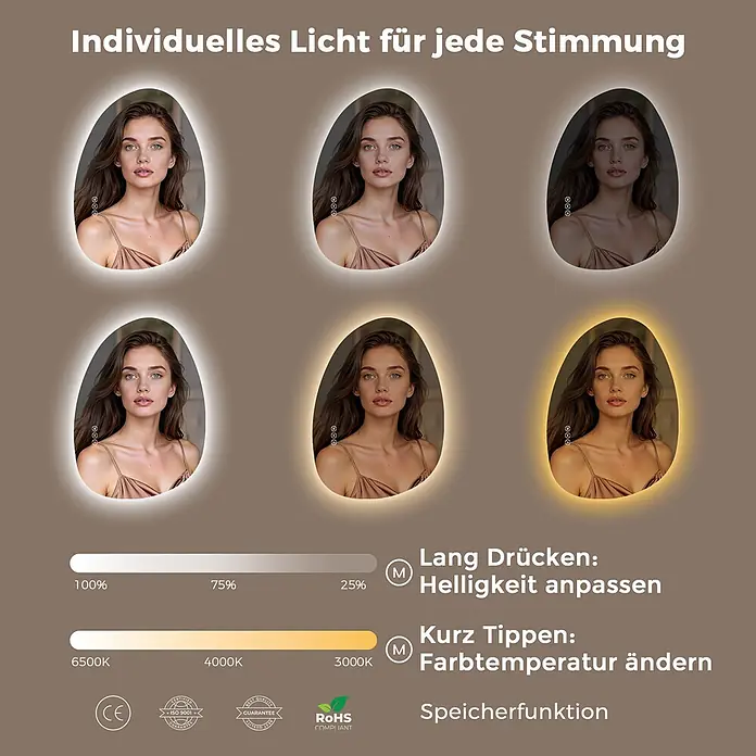 LED Badspiegel 60 x 45 cm, asymmetrisch, rahmenlos, 3 Lichtfarben, dimmbar -  - Spiegel mit einstellbarer LED-Beleuchtung, zeigt Helligkeits- und Farbtemperaturoptionen.