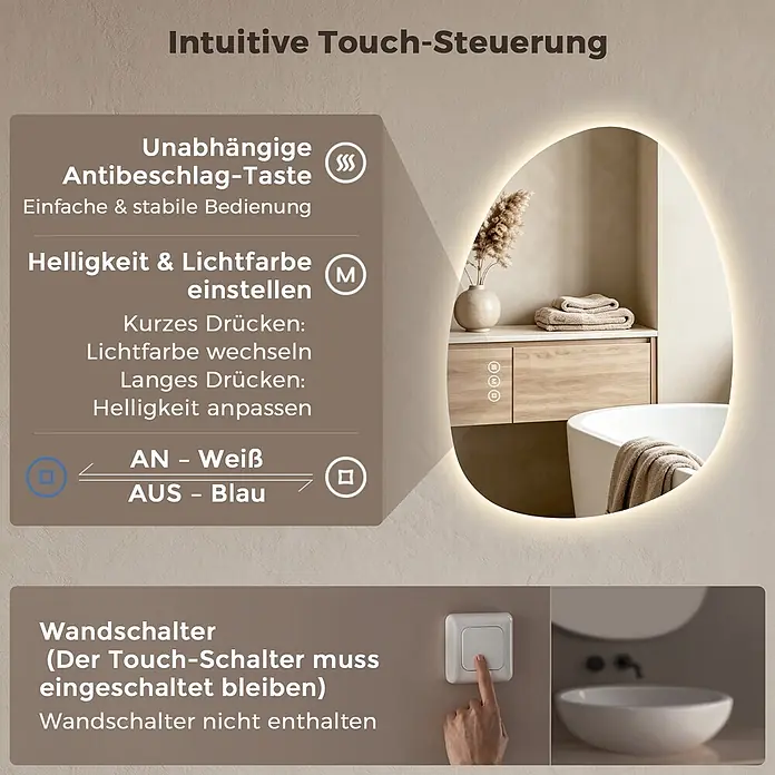 LED Badspiegel 60 x 45 cm, asymmetrisch, rahmenlos, 3 Lichtfarben, dimmbar -  - Moderner LED-Badezimmerspiegel mit Touch-Steuerung für Antibeschlag, Helligkeit und Lichtfarbe, in stilvollem Bad gezeigt. Wandschalter-kompatibel.