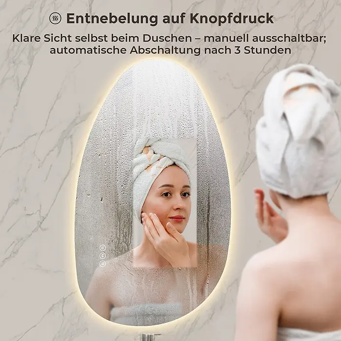 LED Badspiegel 85 x 50 cm, asymmetrisch, rahmenlos, 3 Lichtfarben, dimmbar -  - Beleuchteter Defogging-Spiegel, der im Badezimmer eine klare Sicht trotz Dampf bietet.