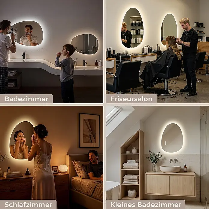 LED Badspiegel 60 x 45 cm, asymmetrisch, rahmenlos, 3 Lichtfarben, dimmbar -  - Unregelmäßig geformter, LED-beleuchteter Spiegel mit Touch-Steuerung, in verschiedenen Wohn- und Salonumgebungen gezeigt.