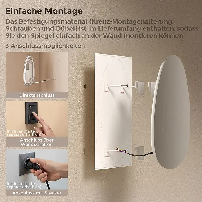 LED Badspiegel 60 x 45 cm, asymmetrisch, rahmenlos, 3 Lichtfarben, dimmbar -  - Installation eines weißen Spiegels an einer Wand, mit Befestigungsmaterial und drei Anschlussmöglichkeiten (Direkt, Wandschalter, Stecker).
