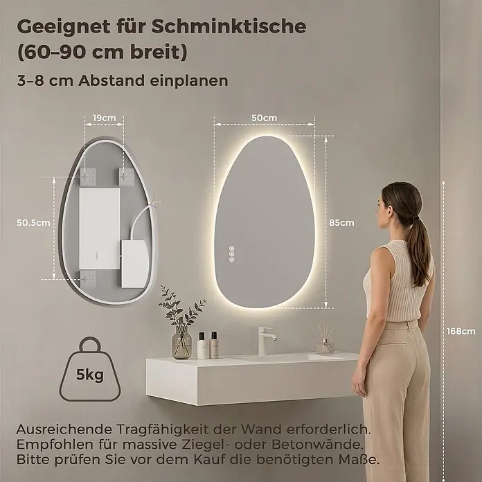 LED Badspiegel 85 x 50 cm, asymmetrisch, rahmenlos, 3 Lichtfarben, dimmbar -  - Unregelmäßig geformter LED-Spiegel mit Hintergrundbeleuchtung, Maße 50x85cm, über einem Waschtisch mit einer 168cm großen Person.