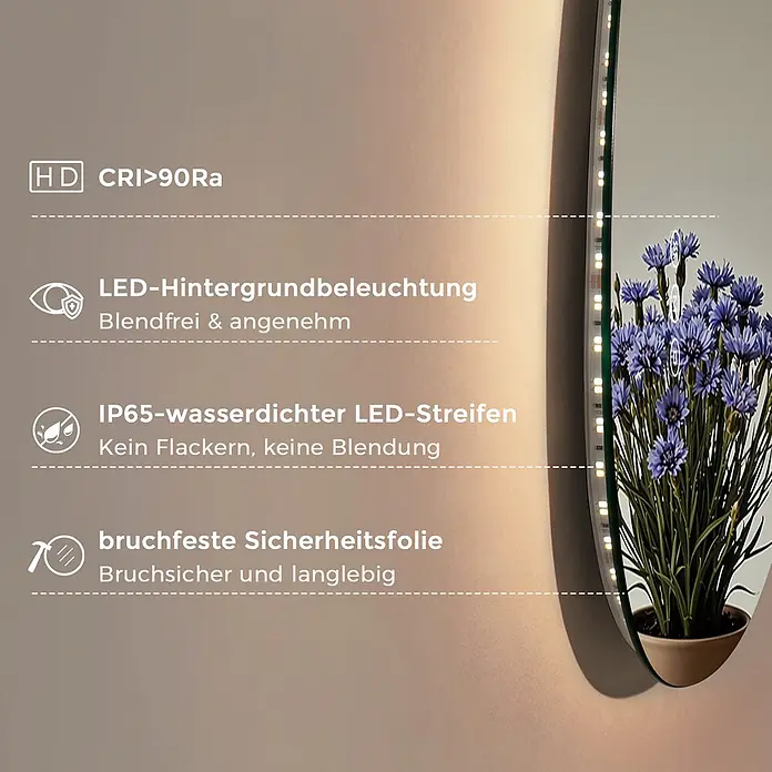 LED Badspiegel 60 x 45 cm, asymmetrisch, rahmenlos, 3 Lichtfarben, dimmbar -  - Spiegel mit LED-Hintergrundbeleuchtung, hohem CRI und IP65 wasserdichtem LED-Streifen. Mit bruchfester Sicherheitsfolie für Haltbarkeit und angenehme Beleuchtung.