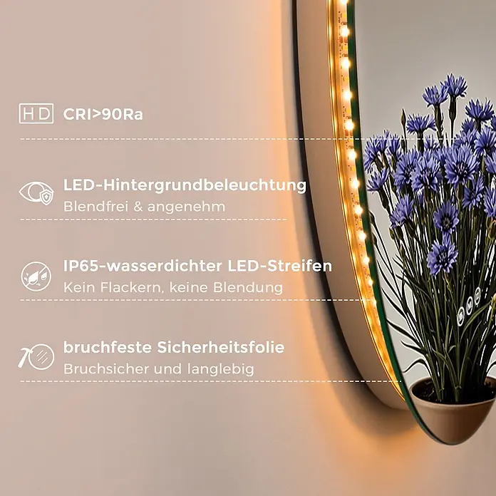 S'AFIELINA Lichtspiegel Luna - 70 x 70 cm, Leuchtmittel - Runder Spiegel mit warmer LED-Hintergrundbeleuchtung, betont für HD-Klarheit, hohen CRI, IP65-wasserdichten LED-Streifen und bruchfeste Sicherheitsfolie.