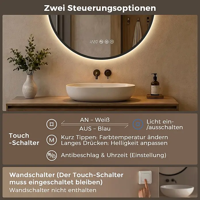 S'AFIELINA Lichtspiegel Luna Select - 70 x 70 cm, Leuchtmittel - Runder LED-Spiegel mit Touch-Bedienfeld für Licht, Farbe und Antibeschlag sowie optionalem Wandschalter.