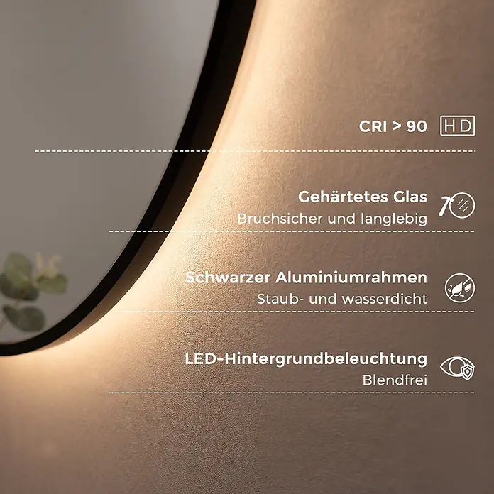 S'AFIELINA Lichtspiegel Luna Select - 70 x 70 cm, Leuchtmittel - Spiegel mit schwarzem Aluminiumrahmen und LED-Hintergrundbeleuchtung, gehärtetem Glas und staub- und wasserdichtem Design.