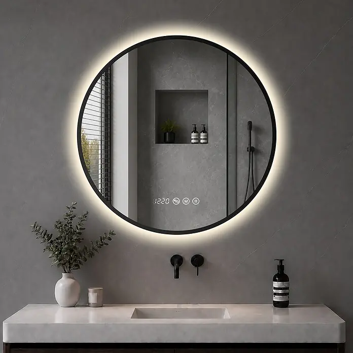 S'AFIELINA Lichtspiegel Luna Select - 60 x 60 cm, Leuchtmittel - Schwarz umrahmter runder LED-Smart-Spiegel in einem modernen Badezimmer, der Uhrzeit und Touch-Bedienelemente anzeigt.