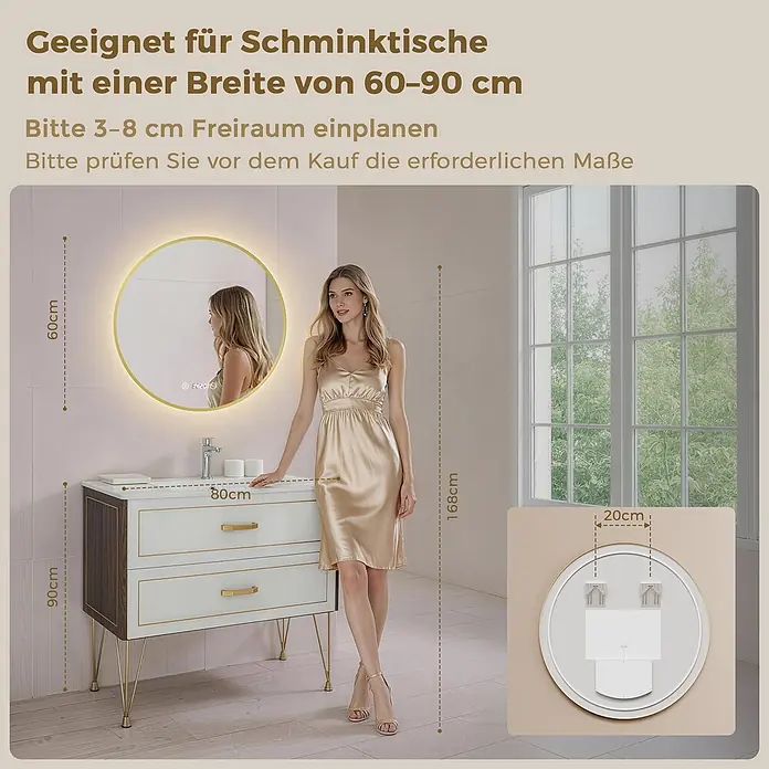 S'AFIELINA Lichtspiegel Luna Plus - 60 x 60 cm, Leuchtmittel - Runder LED-Spiegel mit Goldrahmen, 60 cm Durchmesser, über einem 80 cm breiten Waschtisch. Geeignet für Waschtische 60-90 cm.