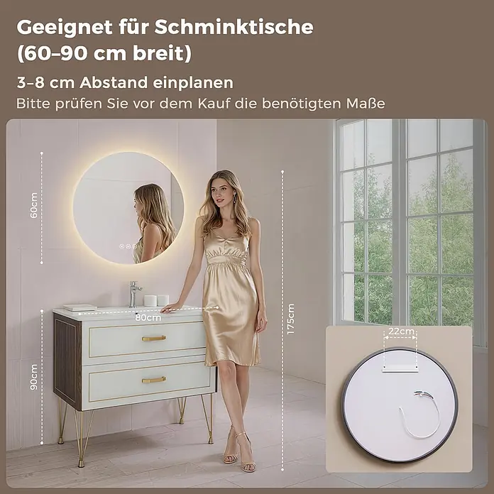 S'AFIELINA Lichtspiegel Luna - 60 x 60 cm, Leuchtmittel - Eine Frau steht an einem runden LED-Spiegel über einem weiß-dunklen Waschtisch. Rückseite des Spiegels (22cm Halterung) gezeigt. Maße für Spiegel (60cm) und Waschtisch (80x90cm) eingeblendet.