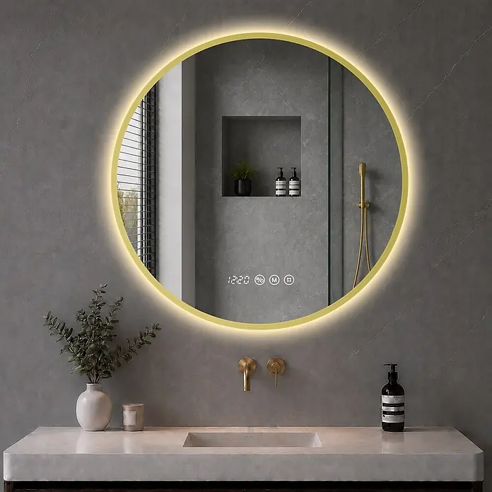 S'AFIELINA Lichtspiegel Luna Select - 70 x 70 cm, Leuchtmittel - Runder LED-Badezimmerspiegel mit Goldrahmen, beleuchtetem Rand, Zeitanzeige und Touch-Steuerung über einem modernen Waschbecken.