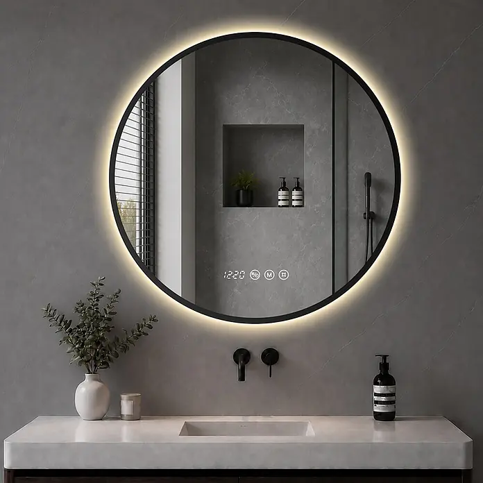 S'AFIELINA Lichtspiegel Luna Select - 70 x 70 cm, Leuchtmittel - Runder LED-Spiegel mit schwarzem Rahmen, Zeit- und Touch-Steuerung, über einem Waschtisch mit weißer Arbeitsplatte.