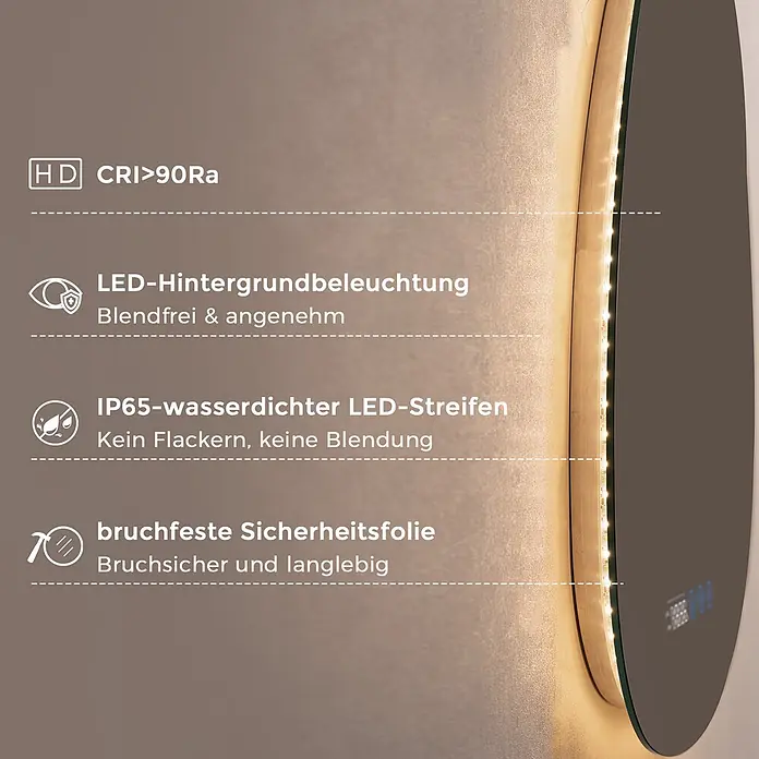 LED Badspiegel 60 x 45 cm, asymmetrisch, 3 Lichtfarben, dimmbar, Bluetooth -  - Beleuchteter Spiegel mit LED-Streifen am Rand, der Funktionen wie hohe Farbwiedergabe, blendfrei, wasserdicht und bruchsicher hervorhebt.