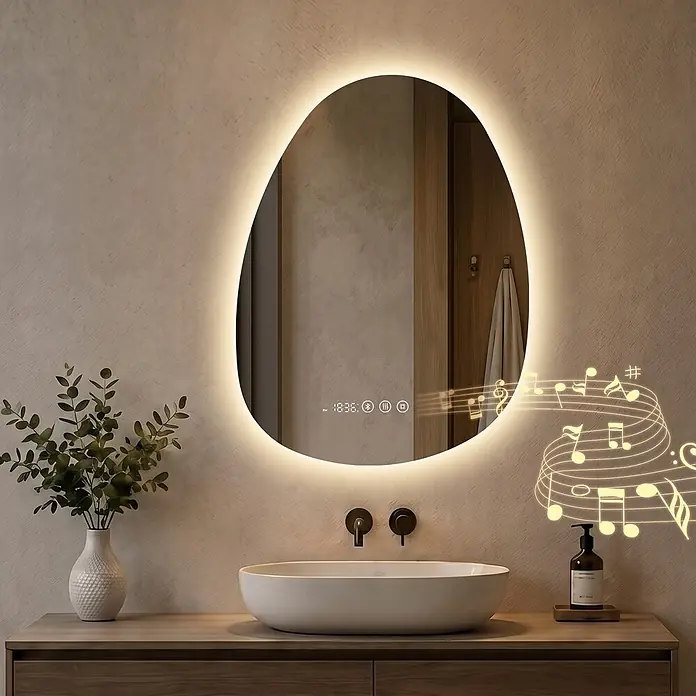 LED Badspiegel 60 x 45 cm, asymmetrisch, 3 Lichtfarben, dimmbar, Bluetooth -  - Unregelmäßiger ovaler LED-Smart-Spiegel mit beleuchtetem Rand, Zeit- und Smart-Symbolen, Musiknoten-Grafik, über einem Waschbecken.