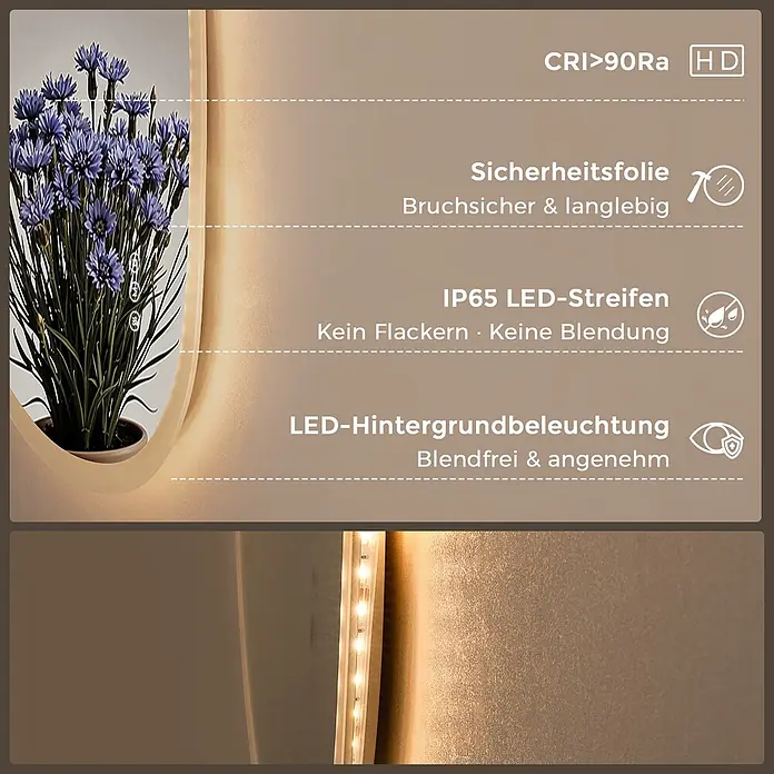 S'AFIELINA Lichtspiegel Mora - 70 x 50 cm, Leuchtmittel - Spiegel mit LED-Hintergrundbeleuchtung, bruchsicherer Sicherheitsfolie und blendfreien IP65 LED-Streifen für hohe CRI und angenehmes Licht.