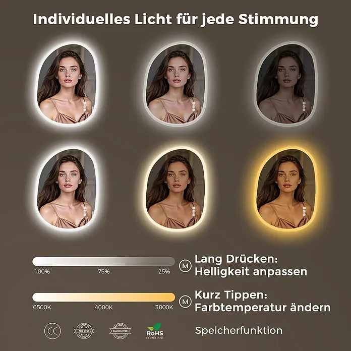 S'AFIELINA Lichtspiegel Mora - 70 x 50 cm, Leuchtmittel - Spiegel mit einstellbarer LED-Beleuchtung, Helligkeit und Farbtemperatur anpassbar für individuelle Lichtstimmungen.