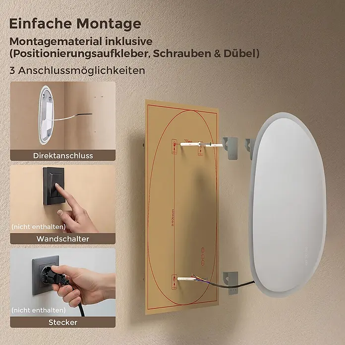 S'AFIELINA Lichtspiegel Mora - 70 x 50 cm, Leuchtmittel - Ovale LED-Spiegel-Montageanleitung mit 3 Anschlussmöglichkeiten: Direktanschluss, Wandschalter oder Stecker. Montagematerial inklusive.