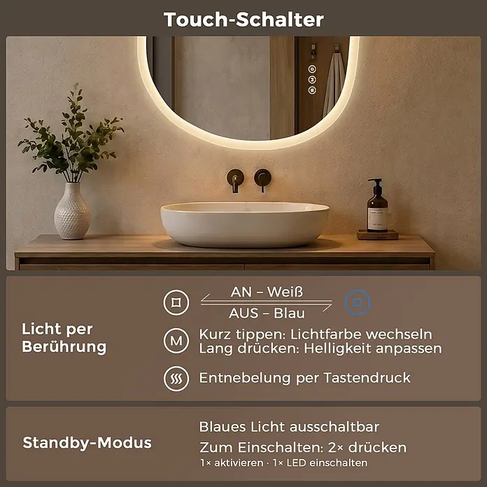 S'AFIELINA Lichtspiegel Mora - 70 x 50 cm, Leuchtmittel - Runder Badspiegel mit integrierter LED-Beleuchtung und Touch-Steuerung für Lichtfarbe, Helligkeit und Entnebelung.