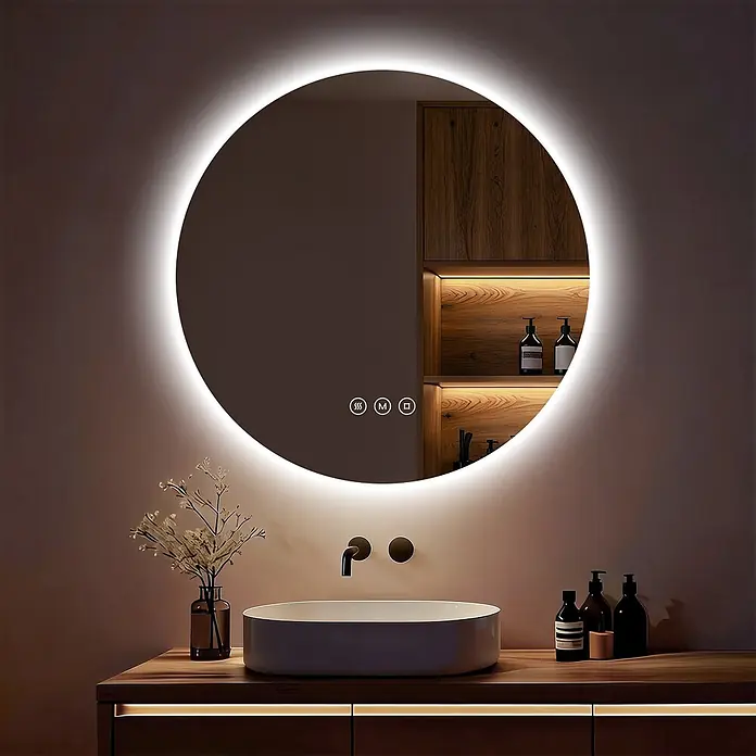 S'AFIELINA Lichtspiegel Luna - 70 x 70 cm, Leuchtmittel - Runder LED-beleuchteter Spiegel mit Touch-Bedienung über einem Waschtisch mit Waschbecken.