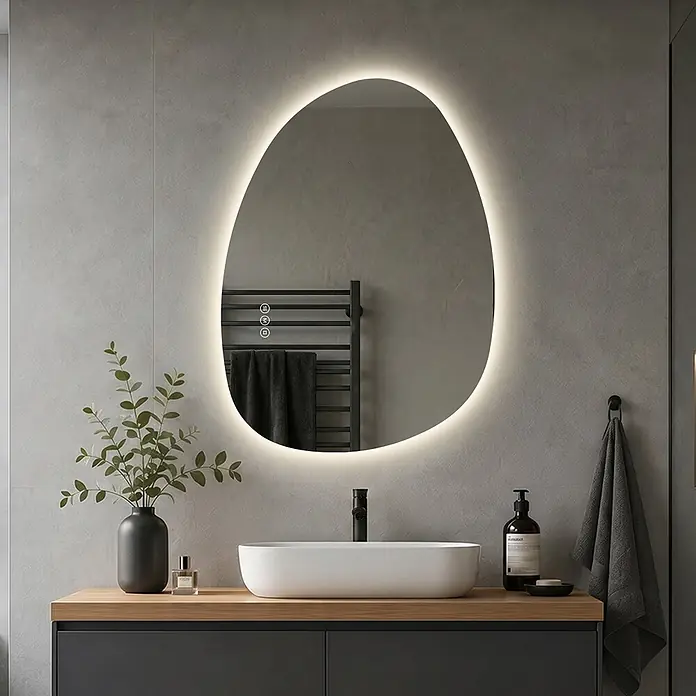 LED Badspiegel 75 x 55 cm, asymmetrisch, rahmenlos, 3 Lichtfarben, dimmbar -  - Ein unregelmäßig geformter, beleuchteter Spiegel über einem modernen Waschtisch mit weißem Waschbecken.
