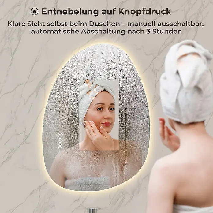 LED Badspiegel 75 x 55 cm, asymmetrisch, rahmenlos, 3 Lichtfarben, dimmbar -  - LED-Spiegel mit Entnebelungsfunktion, der nach dem Duschen eine klare Sicht bietet.