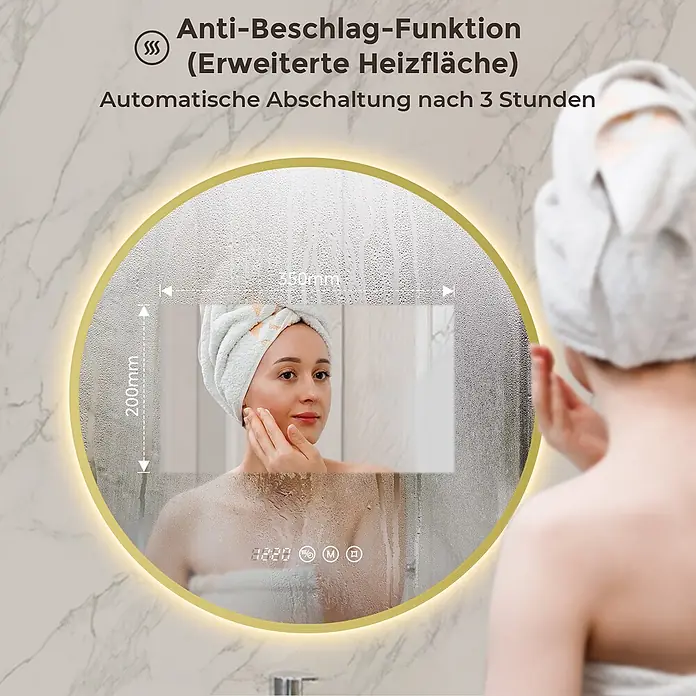 S'AFIELINA Lichtspiegel Luna Select - 60 x 60 cm, Leuchtmittel - Runder LED-Badspiegel mit Anti-Beschlag-Funktion, einer klaren beheizten Fläche und Touch-Bedienelementen, von einer Frau genutzt.